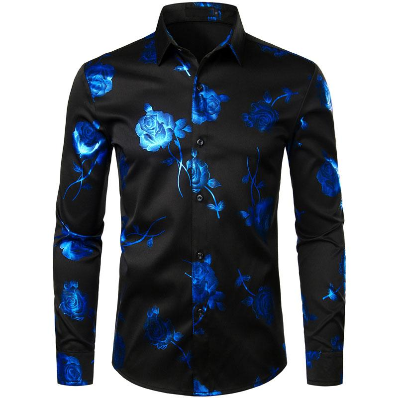 ZEROYAA Mens Hipster 3D Golden Rose Floral Printed Slim Fit Long Sleeve Button down Dress Shirts Casual Elegant Classy Menswear Fourth July Shirt Stylish Fabric Button Shirt Top Black Pink - Image 15