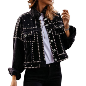 Women'S Long Sleeve Rivet Studded Denim Jacket Classic Distressed Button down Jean Jacket with Pockets