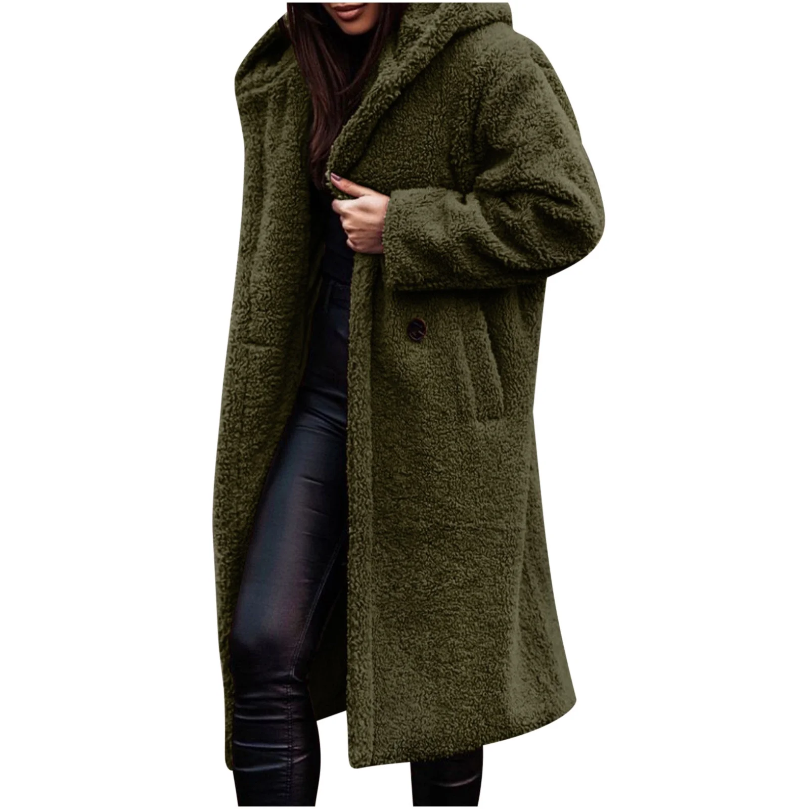 Winter Warm Sherpa Coats Jackets For Women Plus Size Hooded Faux Fur Solid Color Long Pea Coat Outerwear - Image 9