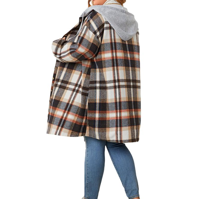 Women'S Hooded Plaid Jackets Long Sleeve Oversized Button down Shacket Fall Shirt Coats Casual Womenswear - Image 9