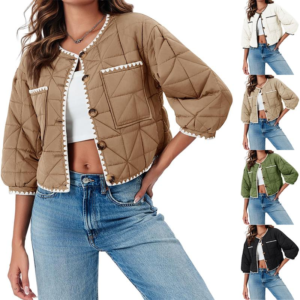 Alternative view of Fessceruna Womens Cropped Quilted Jacket Winter Lightweight Puff 3/4 Sleeve Button down Contrast Trim Coat