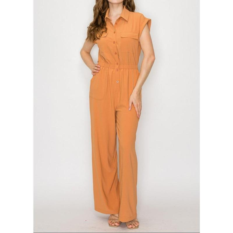 ROSEMARY CINNAMON BUTTON-DOWN ELASTIC WIDE LEG JUMPSUIT