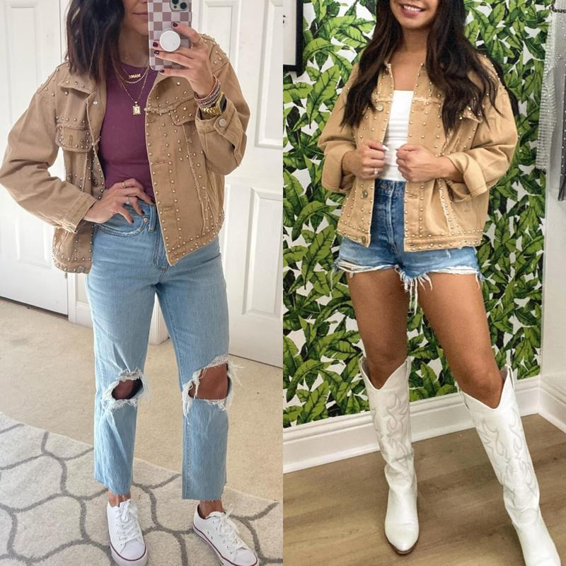 Women'S Long Sleeve Rivet Studded Denim Jacket Classic Distressed Button down Jean Jacket with Pockets - Image 5