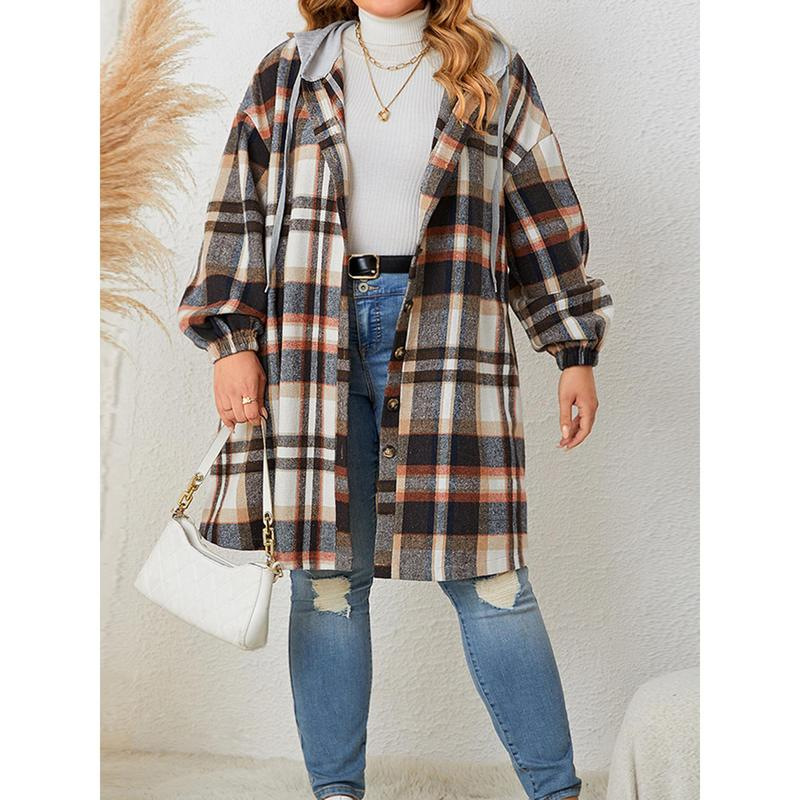 Women'S Hooded Plaid Jackets Long Sleeve Oversized Button down Shacket Fall Shirt Coats Casual Womenswear - Image 8