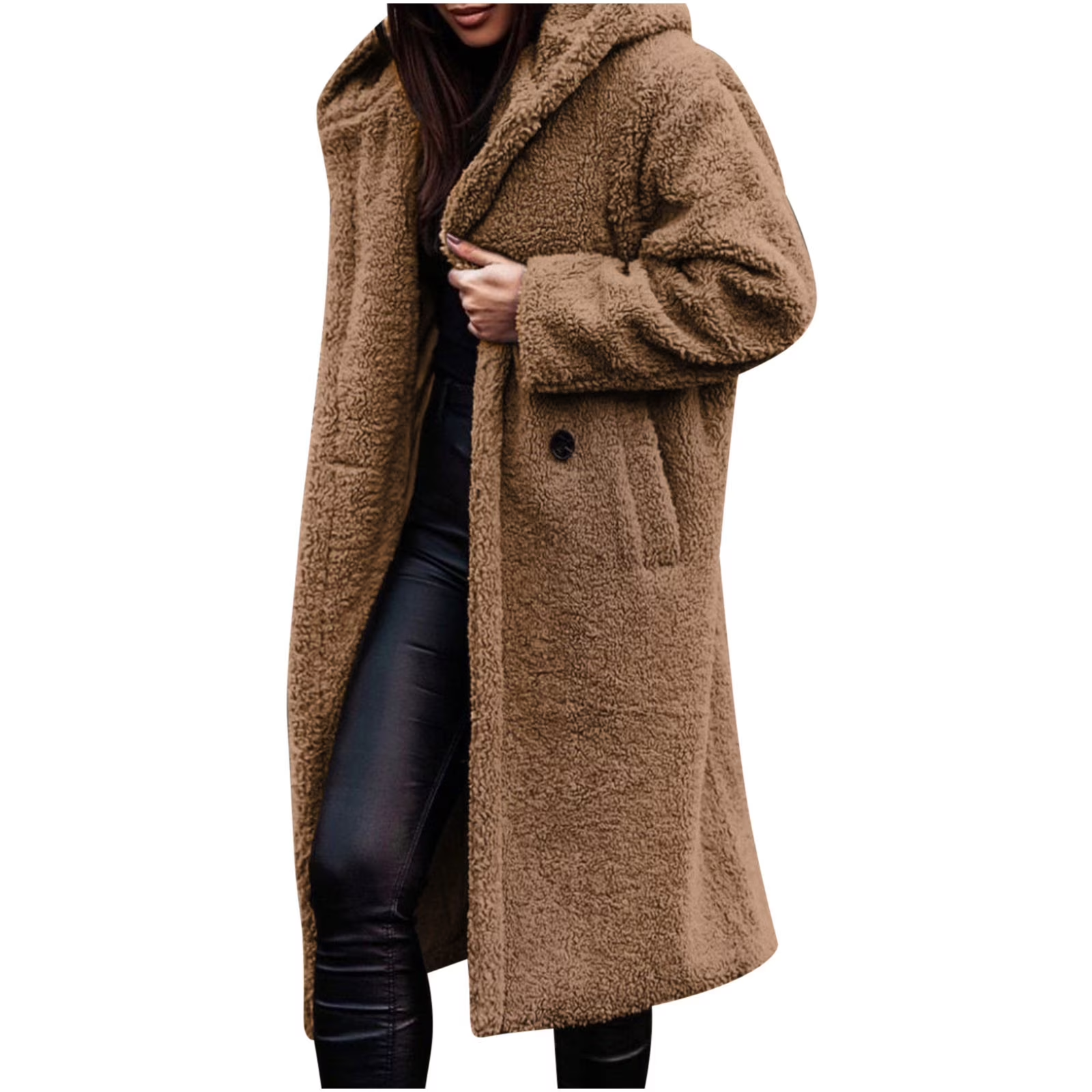 Winter Warm Sherpa Coats Jackets For Women Plus Size Hooded Faux Fur Solid Color Long Pea Coat Outerwear - Image 8