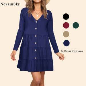Alternative view of Women'S Long Sleeve Dress Casual T-Shirt Dress V-Neck Button down A-Line Swing Fall Dresses