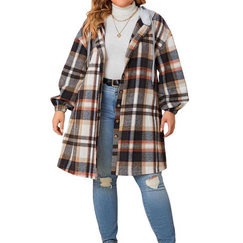 Women'S Hooded Plaid Jackets Long Sleeve Oversized Button down Shacket Fall Shirt Coats Casual Womenswear - Image 6
