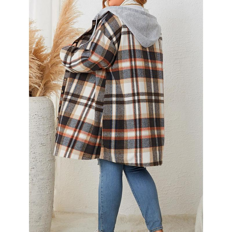 Women'S Hooded Plaid Jackets Long Sleeve Oversized Button down Shacket Fall Shirt Coats Casual Womenswear - Image 7