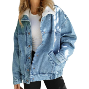 LAICIGO Womens Oversized Denim Jackets Sherpa Collar Button down Jean Jacket Fall Warm Shacket Coats