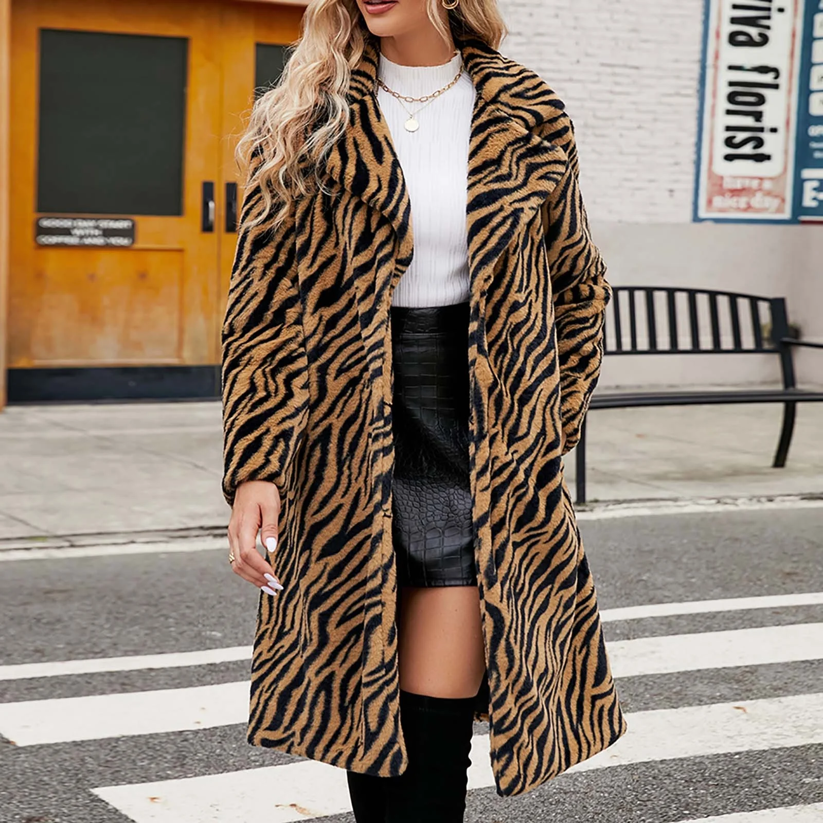 Clearance,Womens Leopard Print Faux Fur Coat Winter Fashion Fuzzy Jacket Fleece Lined Fluffy Open Front Cardigan Long Jackets Lapel Trench Coats(Brown,L) - Image 33