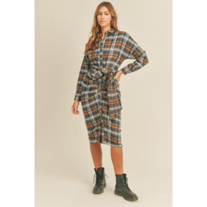 Mable Plaid Flannel Front Tie Button down Shirt Dress