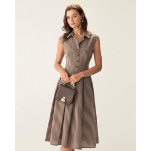 Brown Plaid Button Pleated Midi Dress