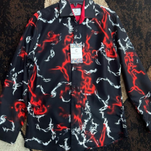 Suslo Black Red/White Pattern Button down Dress Shirt Camisa Vaquero Vestir