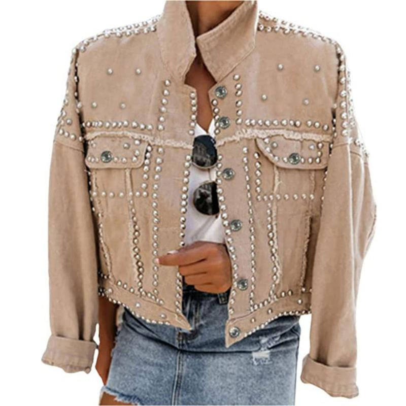 Women'S Long Sleeve Rivet Studded Denim Jacket Classic Distressed Button down Jean Jacket with Pockets - Image 11