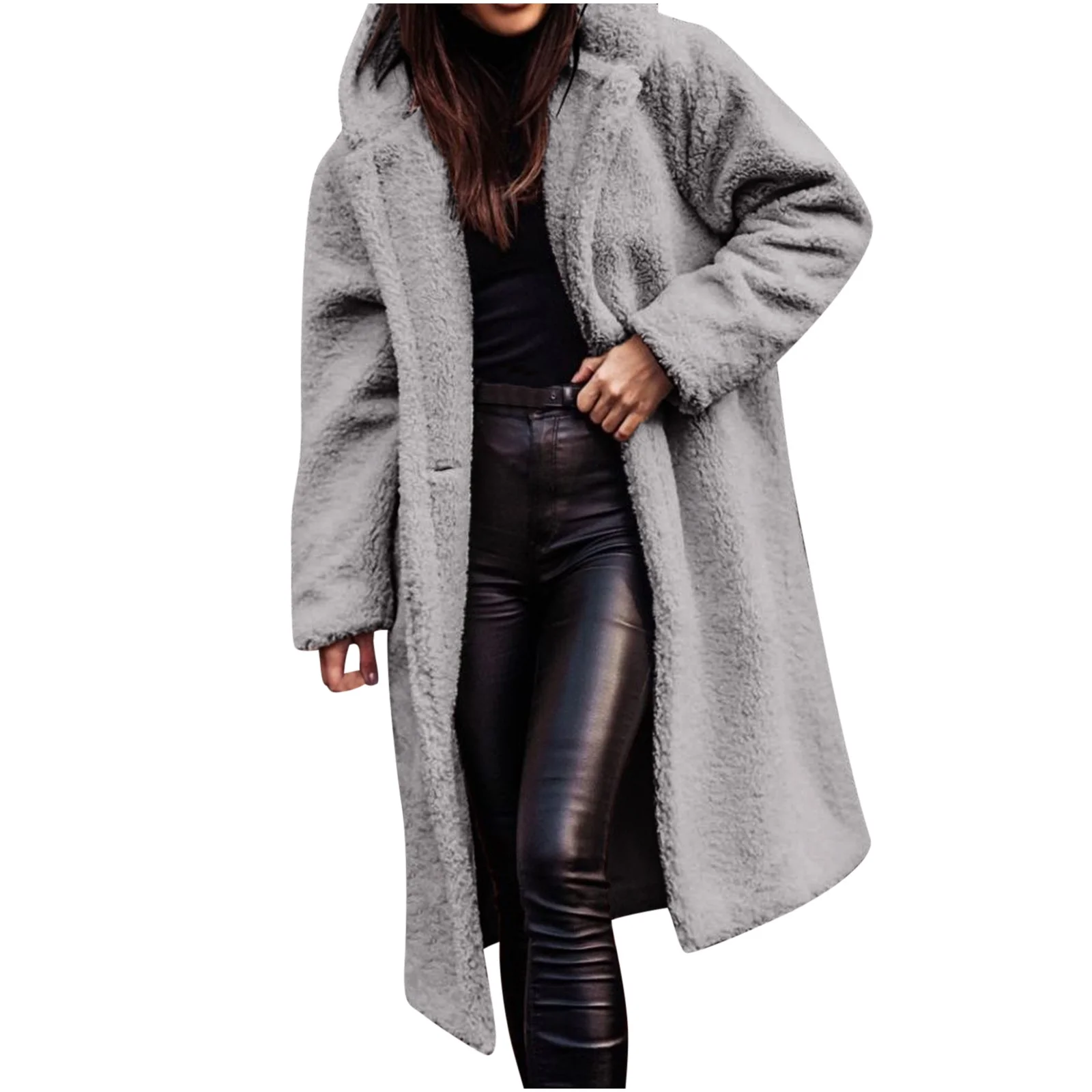 Winter Warm Sherpa Coats Jackets For Women Plus Size Hooded Faux Fur Solid Color Long Pea Coat Outerwear - Image 2