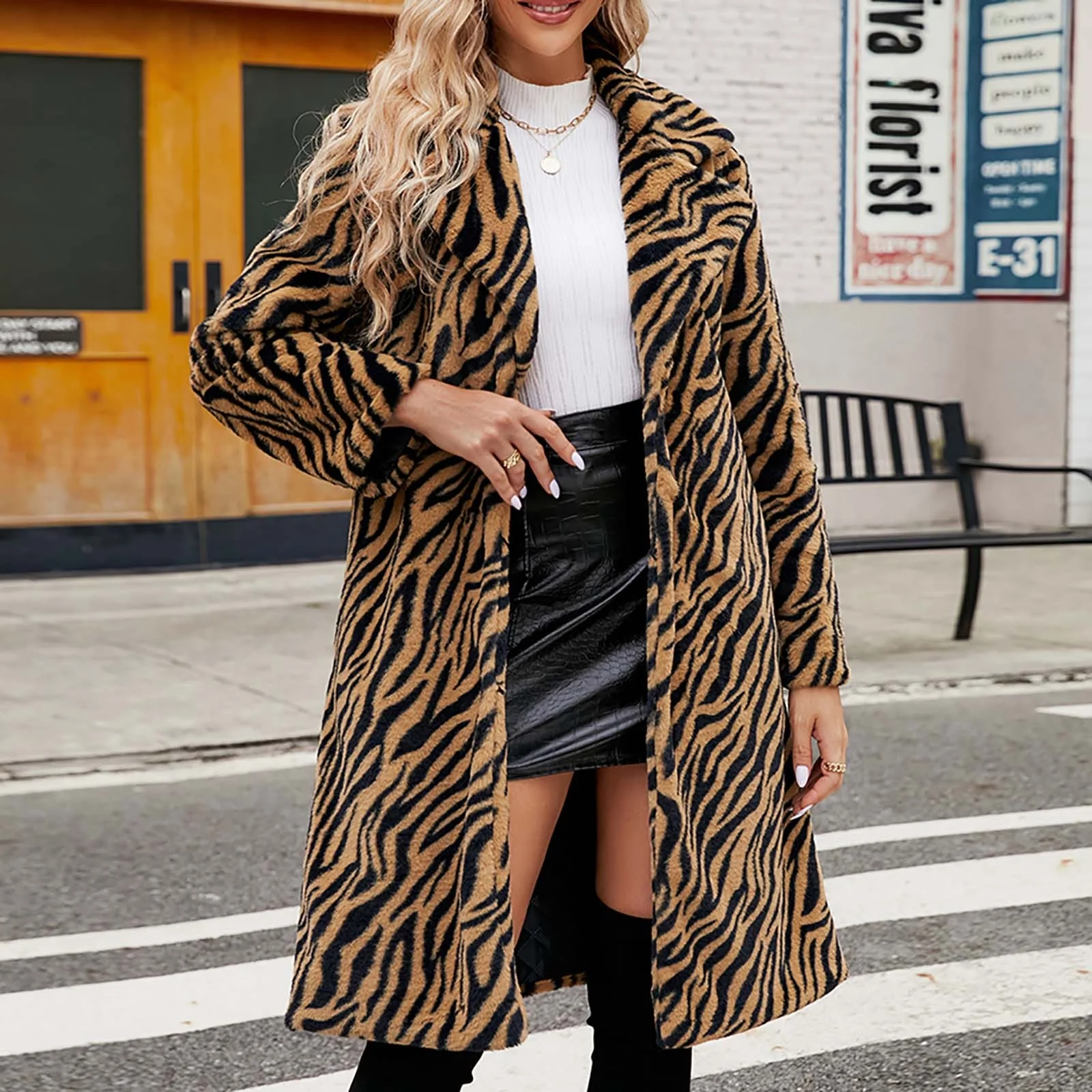 Clearance,Womens Leopard Print Faux Fur Coat Winter Fashion Fuzzy Jacket Fleece Lined Fluffy Open Front Cardigan Long Jackets Lapel Trench Coats(Brown,L) - Image 15