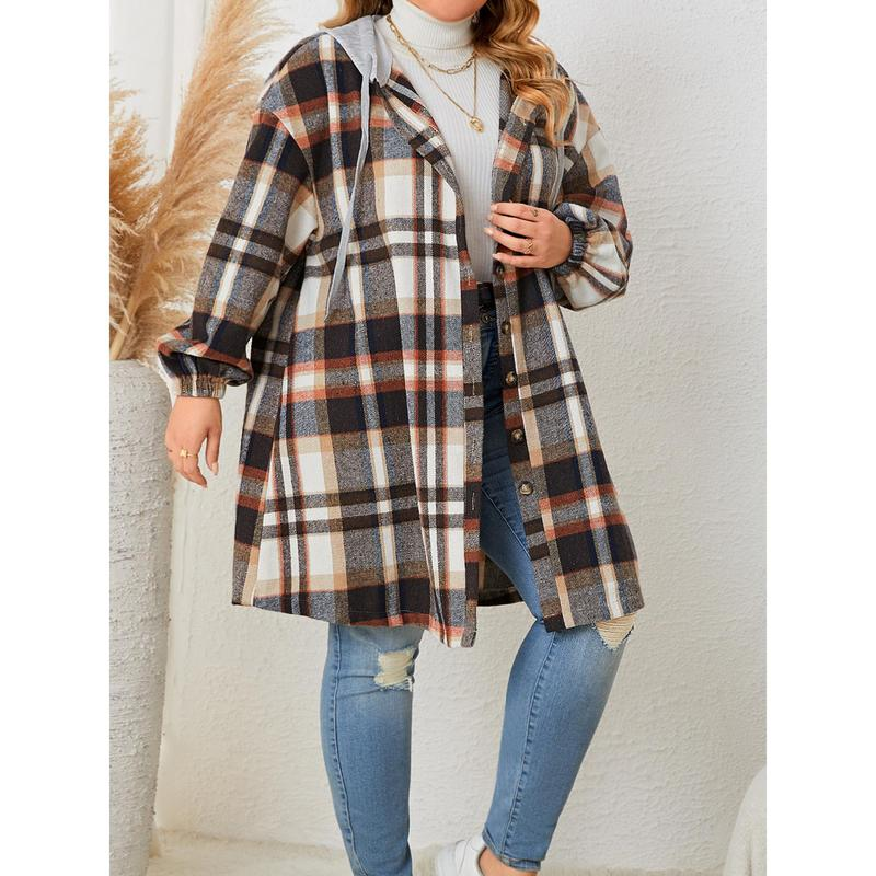 Women'S Hooded Plaid Jackets Long Sleeve Oversized Button down Shacket Fall Shirt Coats Casual Womenswear - Image 5