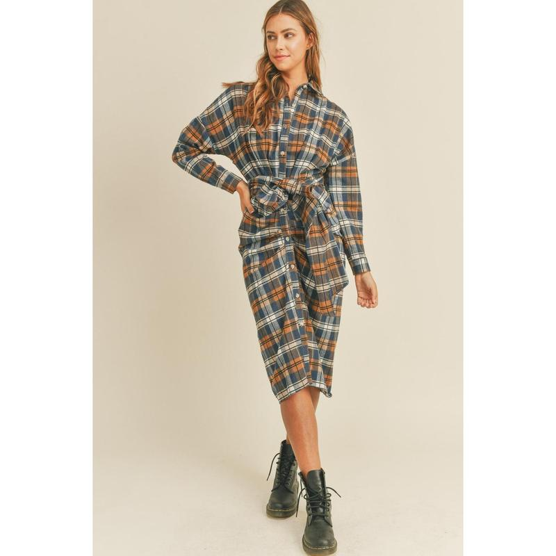 Mable Plaid Flannel Front Tie Button down Shirt Dress - Image 4